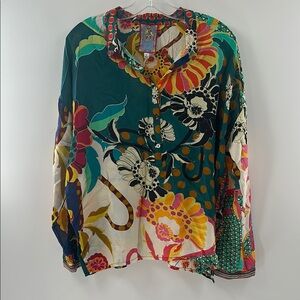 Johnny Was Green Graphic Long Sleeve Blouse